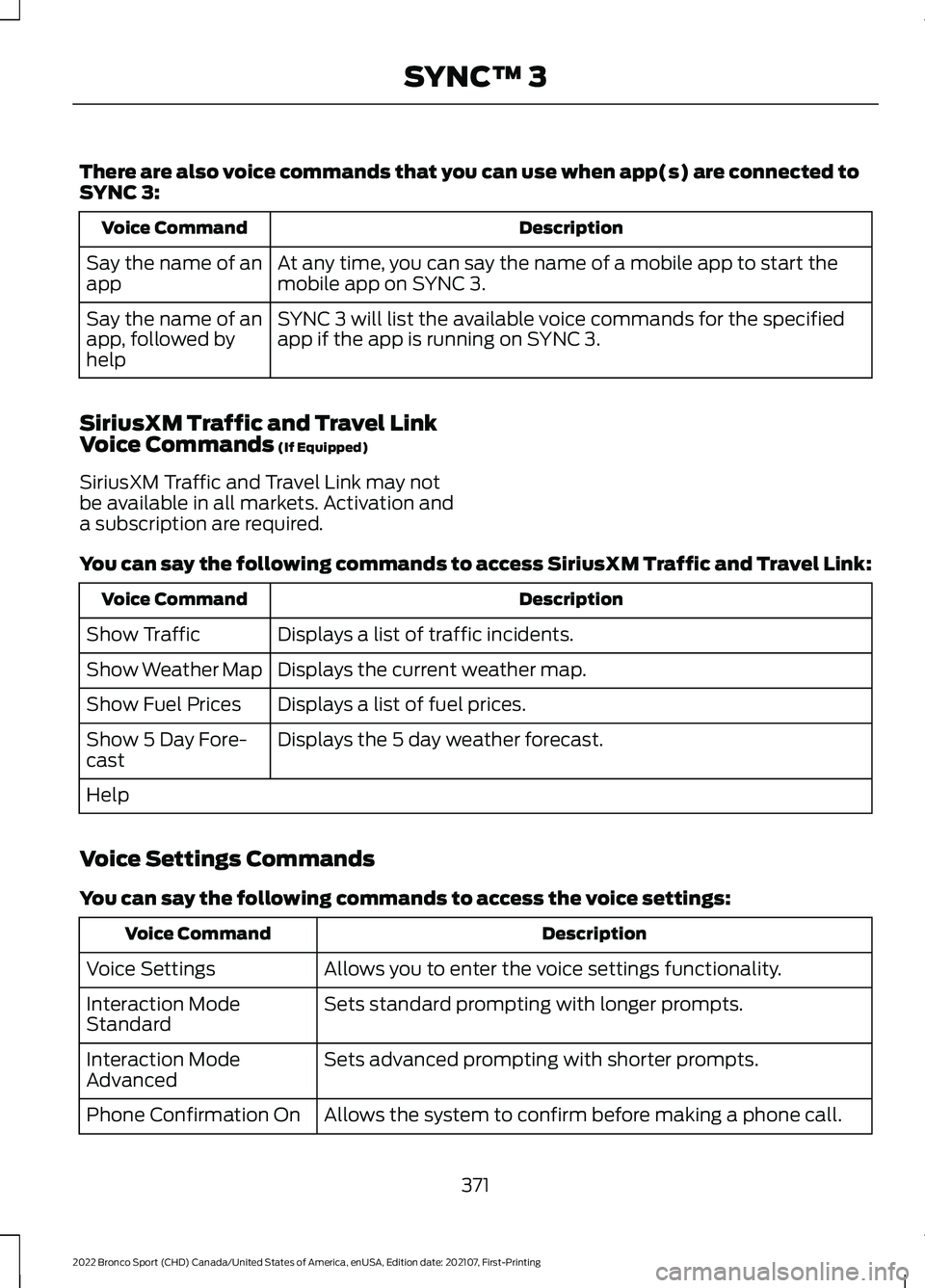 FORD BRONCO SPORT 2022  Owners Manual There are also voice commands that you can use when app(s) are connected to
SYNC 3:
Description
Voice Command
At any time, you can say the name of a mobile app to start the
mobile app on SYNC 3.
Say t