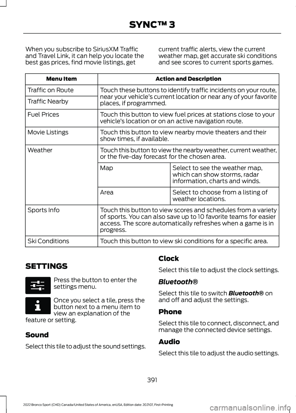 FORD BRONCO SPORT 2022  Owners Manual When you subscribe to SiriusXM Traffic
and Travel Link, it can help you locate the
best gas prices, find movie listings, get
current traffic alerts, view the current
weather map, get accurate ski cond