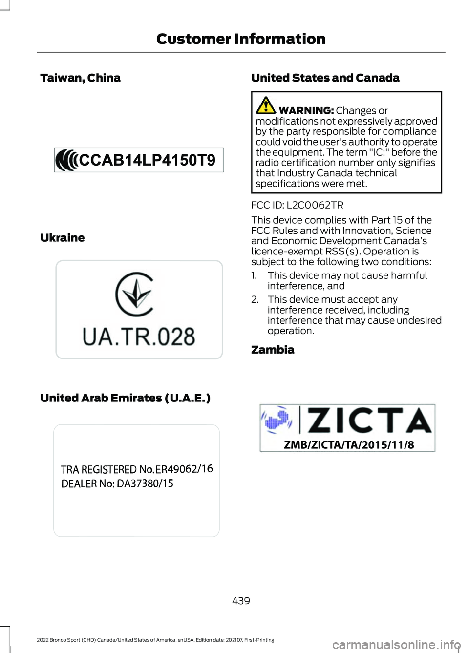 FORD BRONCO SPORT 2022  Owners Manual Taiwan, China
Ukraine
United Arab Emirates (U.A.E.) United States and Canada
WARNING: Changes or
modifications not expressively approved
by the party responsible for compliance
could void the user'