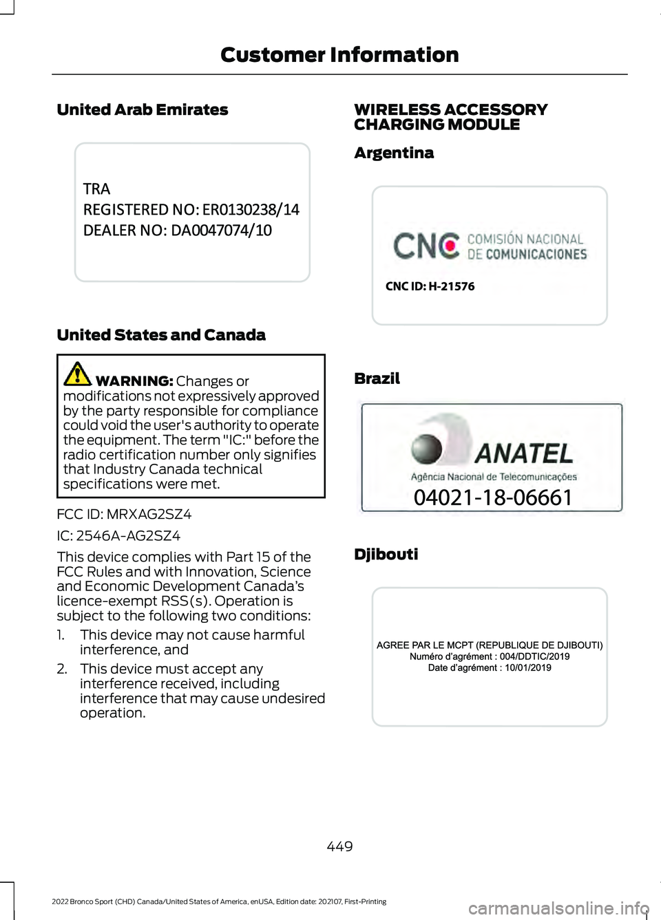 FORD BRONCO SPORT 2022  Owners Manual United Arab Emirates
United States and Canada
WARNING: Changes or
modifications not expressively approved
by the party responsible for compliance
could void the user's authority to operate
the equ