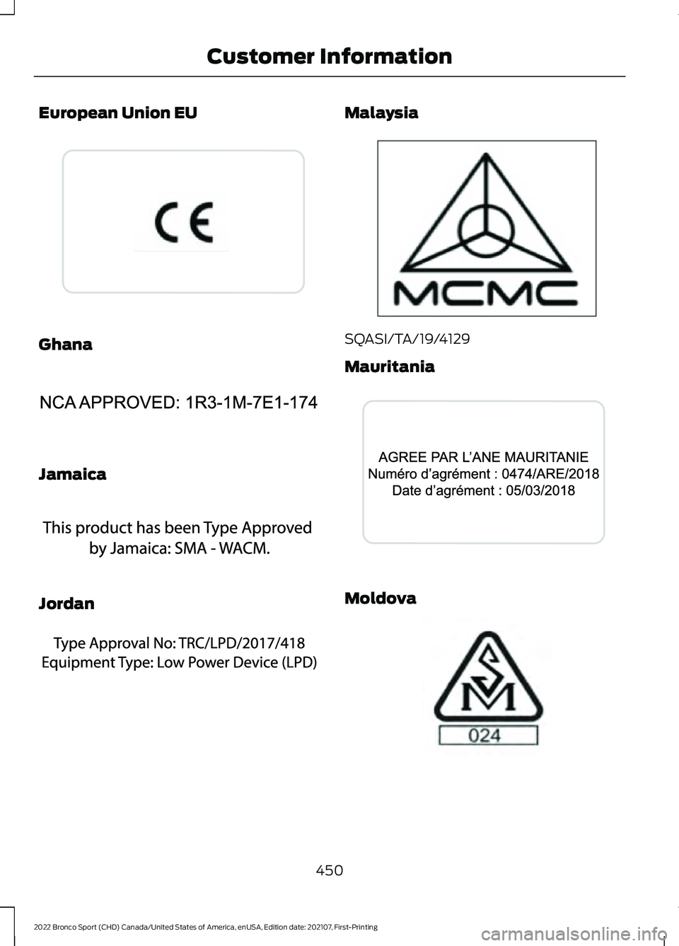 FORD BRONCO SPORT 2022  Owners Manual European Union EU
Ghana
Jamaica
Jordan Malaysia
SQASI/TA/19/4129
Mauritania
Moldova
450
2022 Bronco Sport (CHD) Canada/United States of America, enUSA, Edition date: 202107, First-Printing Customer In