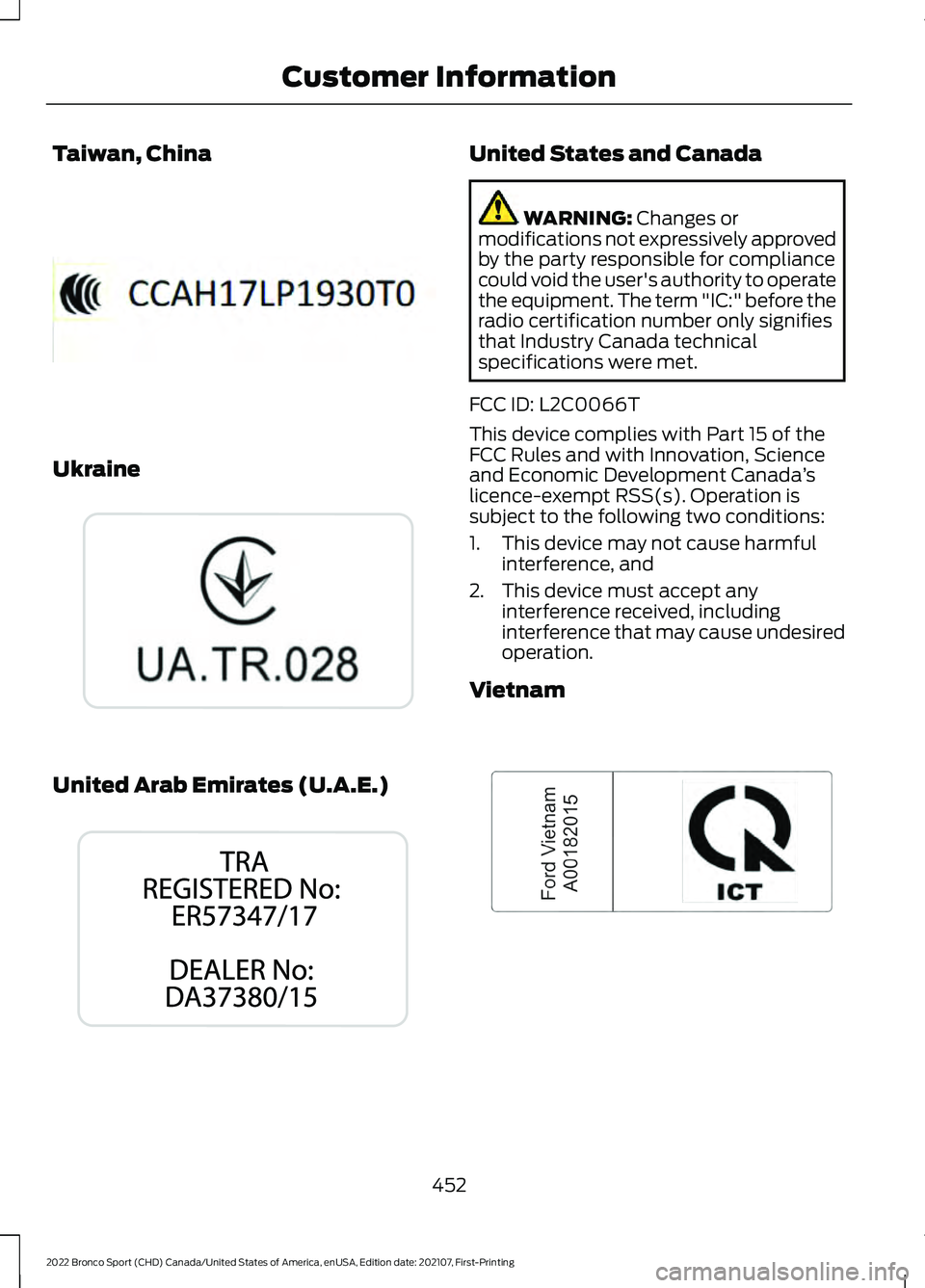 FORD BRONCO SPORT 2022  Owners Manual Taiwan, China
Ukraine
United Arab Emirates (U.A.E.) United States and Canada
WARNING: Changes or
modifications not expressively approved
by the party responsible for compliance
could void the user'