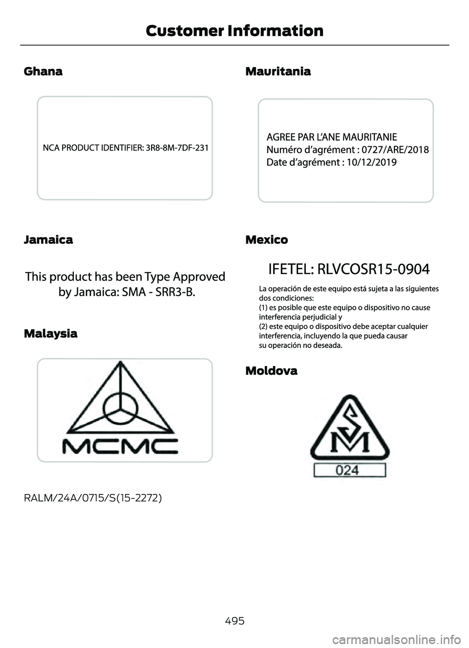 FORD ESCAPE 2022  Owners Manual Ghana
E269695
Jamaica
E340517E340517
Malaysia
E269697
RALM/24A/0715/S(15-2272)
Mauritania
E353342E353342
Mexico
E353300E353300
Moldova
E337971E337971
495
Customer Information 