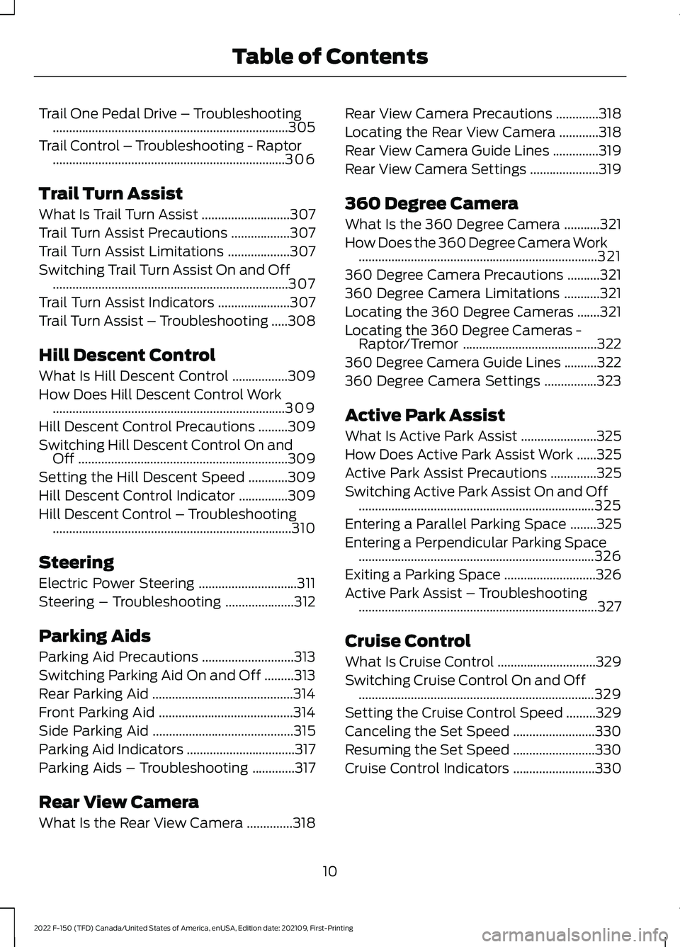 FORD F-150 2022 Owners Manual Trail One Pedal Drive – Troubleshooting
........................................................................\
305
Trail Control – Troubleshooting - Raptor ..................................... FORD F-150 2022 Owners Manual Trail One Pedal Drive – Troubleshooting
........................................................................\
305
Trail Control – Troubleshooting - Raptor .....................................