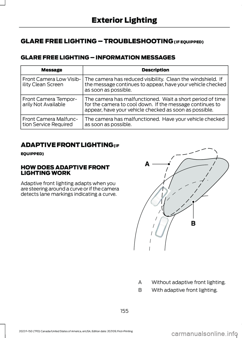 FORD F-150 2022  Owners Manual GLARE FREE LIGHTING – TROUBLESHOOTING (IF EQUIPPED)
GLARE FREE LIGHTING – INFORMATION MESSAGES Description
Message
The camera has reduced visibility.  Clean the windshield.  If
the message continu