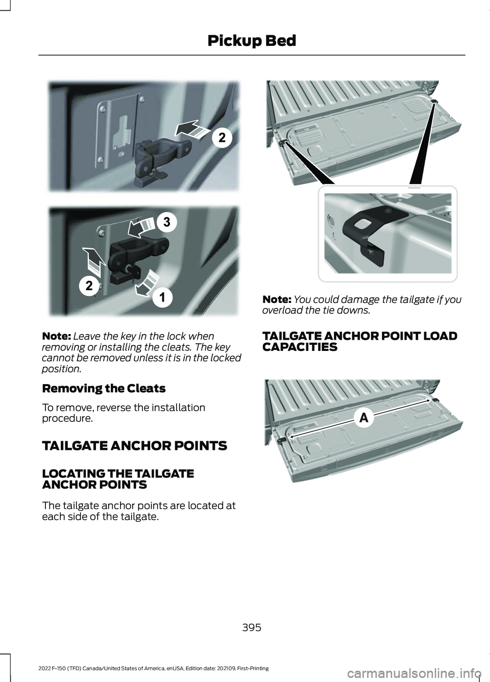 FORD F-150 2022  Owners Manual Note:
Leave the key in the lock when
removing or installing the cleats. The key
cannot be removed unless it is in the locked
position.
Removing the Cleats
To remove, reverse the installation
procedure