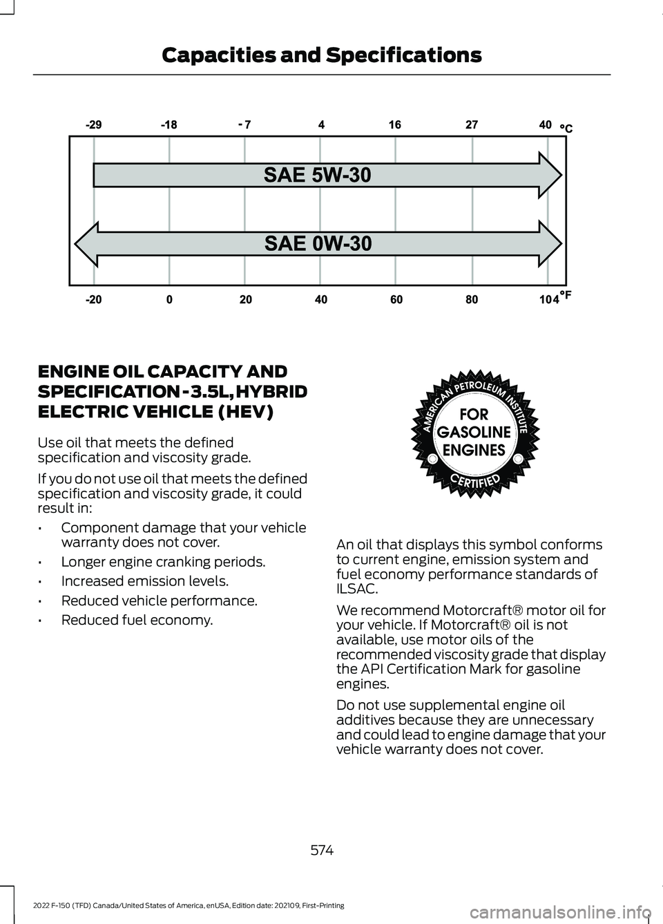 FORD F-150 2022 Owners Manual ENGINE OIL CAPACITY AND
SPECIFICATION - 3.5L, HYBRID
ELECTRIC VEHICLE (HEV)
Use oil that meets the defined
specification and viscosity grade.
If you do not use oil that meets the defined
specification FORD F-150 2022 Owners Manual ENGINE OIL CAPACITY AND
SPECIFICATION - 3.5L, HYBRID
ELECTRIC VEHICLE (HEV)
Use oil that meets the defined
specification and viscosity grade.
If you do not use oil that meets the defined
specification