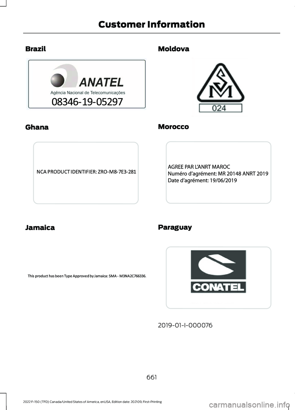 FORD F-150 2022  Owners Manual Brazil
Ghana
Jamaica Moldova
Morocco
Paraguay
2019-01-I-000076
661
2022 F-150 (TFD) Canada/United States of America, enUSA, Edition date: 202109, First-Printing Customer InformationE340499  E341433  E