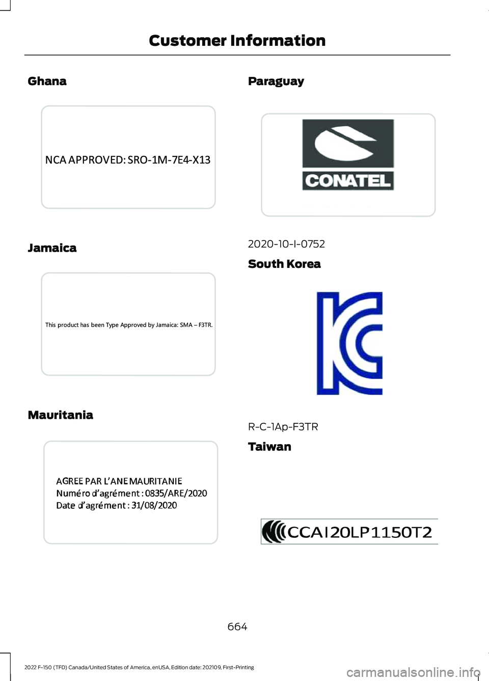 FORD F-150 2022  Owners Manual Ghana
Jamaica
Mauritania Paraguay
2020-10-I-0752
South Korea
R-C-1Ap-F3TR
Taiwan
664
2022 F-150 (TFD) Canada/United States of America, enUSA, Edition date: 202109, First-Printing Customer InformationE