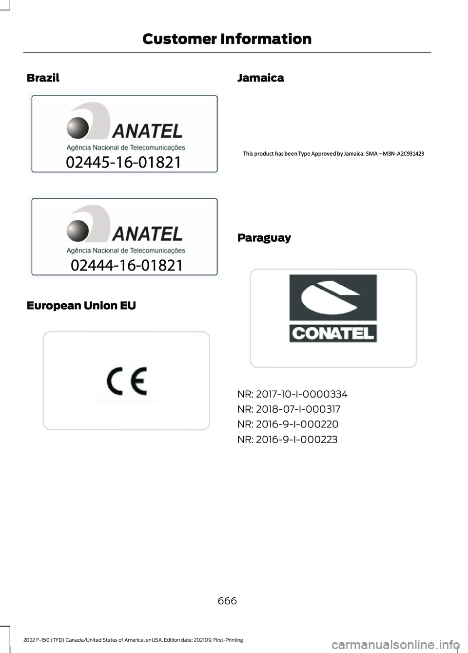 FORD F-150 2022  Owners Manual Brazil
European Union EU Jamaica
Paraguay
NR: 2017-10-I-0000334
NR: 2018-07-I-000317
NR: 2016-9-I-000220
NR: 2016-9-I-000223
666
2022 F-150 (TFD) Canada/United States of America, enUSA, Edition date: 