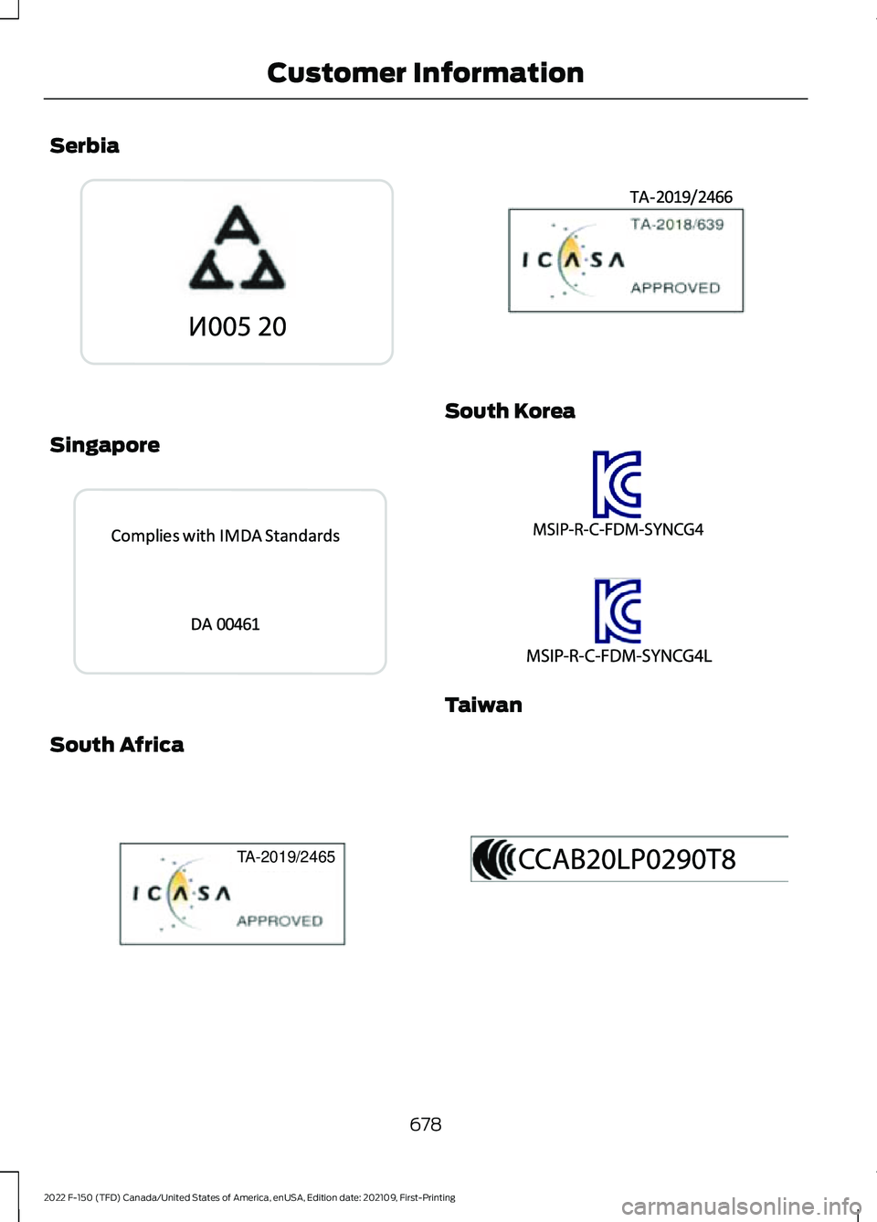 FORD F-150 2022  Owners Manual Serbia
Singapore
South Africa South Korea
Taiwan
678
2022 F-150 (TFD) Canada/United States of America, enUSA, Edition date: 202109, First-Printing Customer InformationE342403  E339940   TA-2019/2465E3