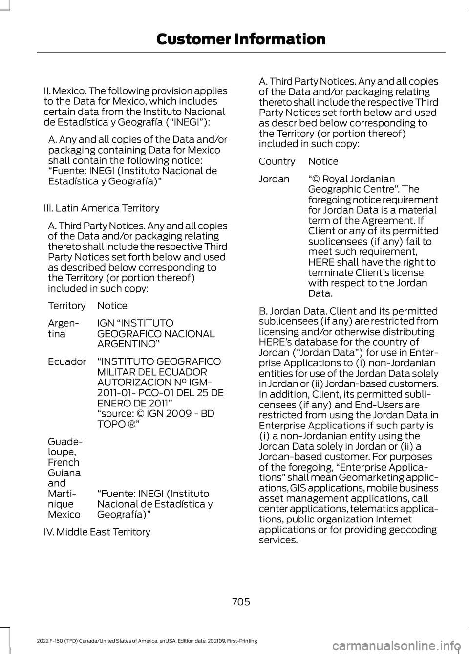 FORD F-150 2022 Owners Manual II. Mexico. The following provision applies
to the Data for Mexico, which includes
certain data from the Instituto Nacional
de Estadística y Geografía (“INEGI”):
A. Any and all copies of the Dat FORD F-150 2022 Owners Manual II. Mexico. The following provision applies
to the Data for Mexico, which includes
certain data from the Instituto Nacional
de Estadística y Geografía (“INEGI”):
A. Any and all copies of the Dat