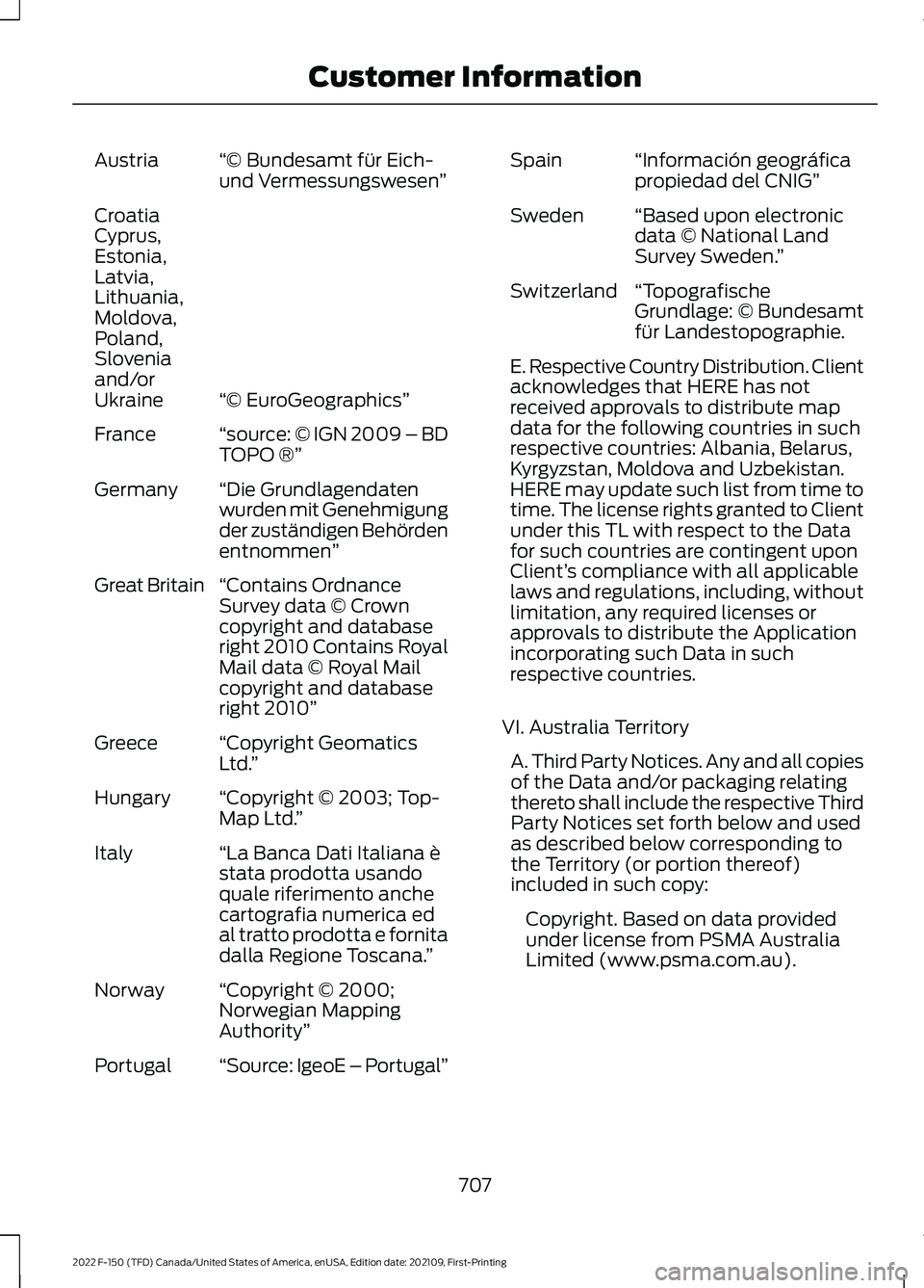 FORD F-150 2022 Owners Manual “© Bundesamt für Eich-
und Vermessungswesen
”
Austria
“© EuroGeographics”
Croatia
Cyprus,
Estonia,
Latvia,
Lithuania,
Moldova,
Poland,
Slovenia
and/or
Ukraine
“source: © IGN 2009 – BD
FORD F-150 2022 Owners Manual “© Bundesamt für Eich-
und Vermessungswesen
”
Austria
“© EuroGeographics”
Croatia
Cyprus,
Estonia,
Latvia,
Lithuania,
Moldova,
Poland,
Slovenia
and/or
Ukraine
“source: © IGN 2009 – BD