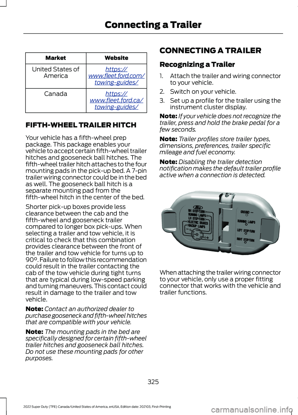 FORD F-250 2022 Owners Manual Website
Market
ht tp s:/ /
www .fl e e t.f or d . c om/
t o wing-g uide s/United States of
America
ht tp s:/ /
www .fl e e t.f or d . c a/
t o wing-g uide s/Canada
FIFTH-WHEEL TRAILER HITCH
Your vehic FORD F-250 2022 Owners Manual Website
Market
ht tp s:/ /
www .fl e e t.f or d . c om/
t o wing-g uide s/United States of
America
ht tp s:/ /
www .fl e e t.f or d . c a/
t o wing-g uide s/Canada
FIFTH-WHEEL TRAILER HITCH
Your vehic