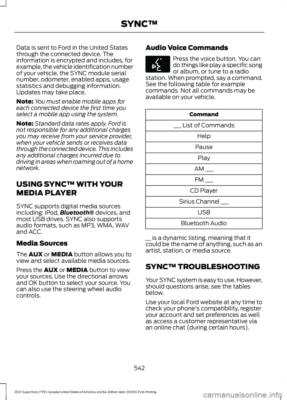FORD F-250 2022  Owners Manual Data is sent to Ford in the United States
through the connected device. The
information is encrypted and includes, for
example, the vehicle identification number
of your vehicle, the SYNC module seria