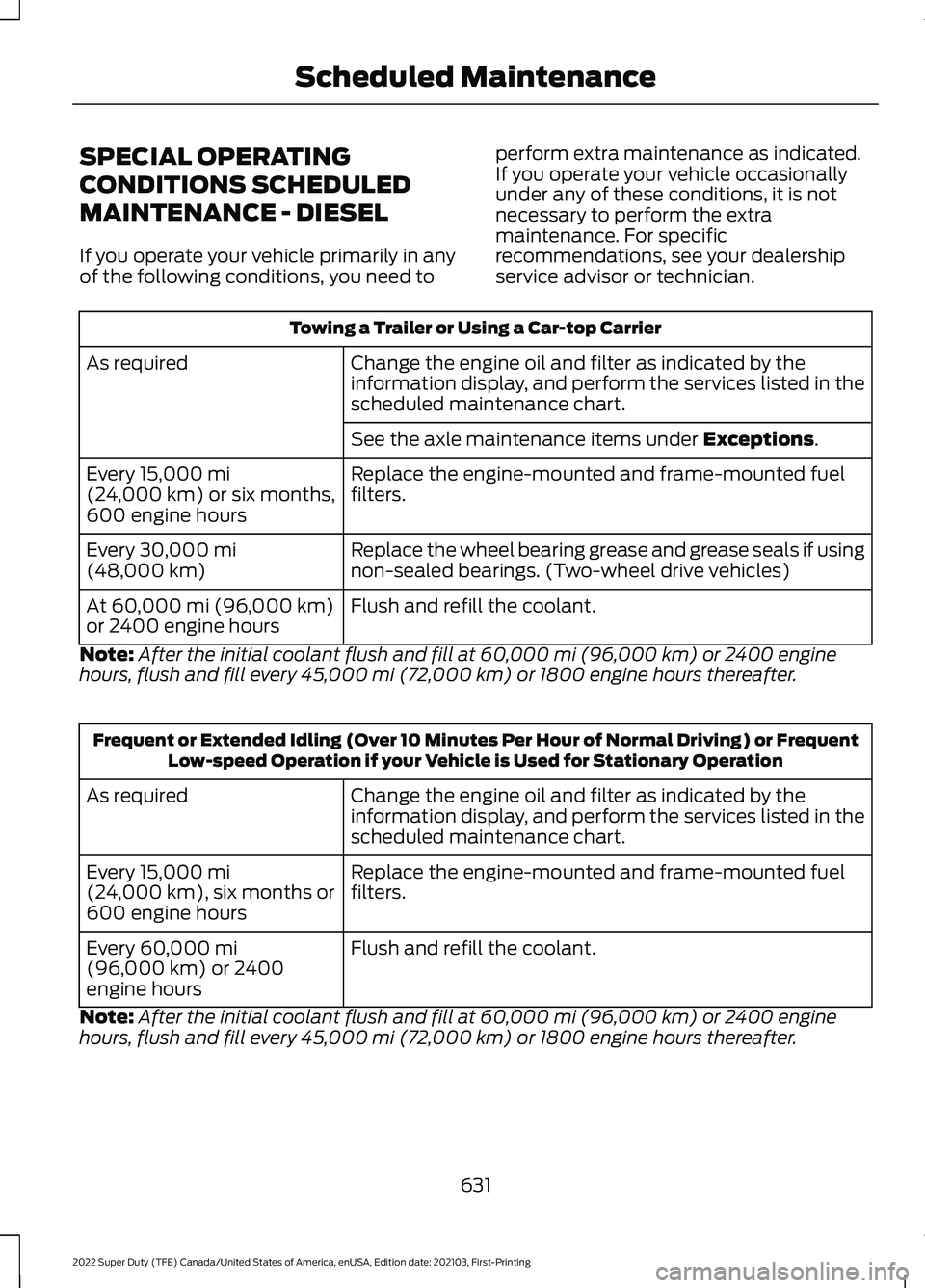 FORD F-250 2022 Owners Manual SPECIAL OPERATING
CONDITIONS SCHEDULED
MAINTENANCE - DIESEL
If you operate your vehicle primarily in any
of the following conditions, you need to
perform extra maintenance as indicated.
If you operate FORD F-250 2022 Owners Manual SPECIAL OPERATING
CONDITIONS SCHEDULED
MAINTENANCE - DIESEL
If you operate your vehicle primarily in any
of the following conditions, you need to
perform extra maintenance as indicated.
If you operate
