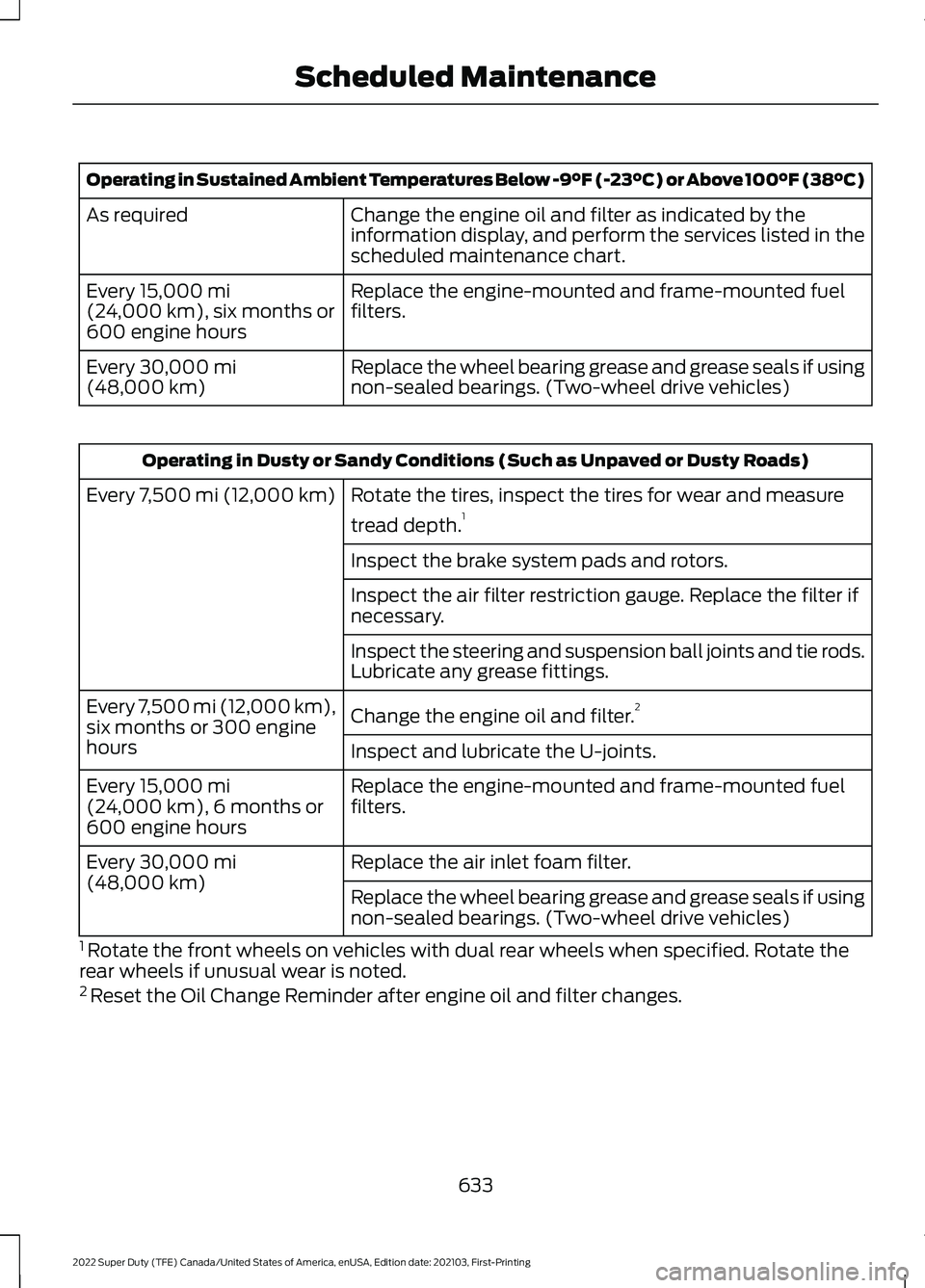 FORD F-250 2022 Owners Manual Operating in Sustained Ambient Temperatures Below -9°F (-23°C) or Above 100°F (38°C)
Change the engine oil and filter as indicated by the
information display, and perform the services listed in th FORD F-250 2022 Owners Manual Operating in Sustained Ambient Temperatures Below -9°F (-23°C) or Above 100°F (38°C)
Change the engine oil and filter as indicated by the
information display, and perform the services listed in th