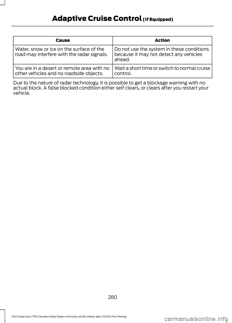 FORD F-350 2022  Owners Manual Action
Cause
Do not use the system in these conditions
because it may not detect any vehicles
ahead.
Water, snow or ice on the surface of the
road may interfere with the radar signals.
Wait a short ti