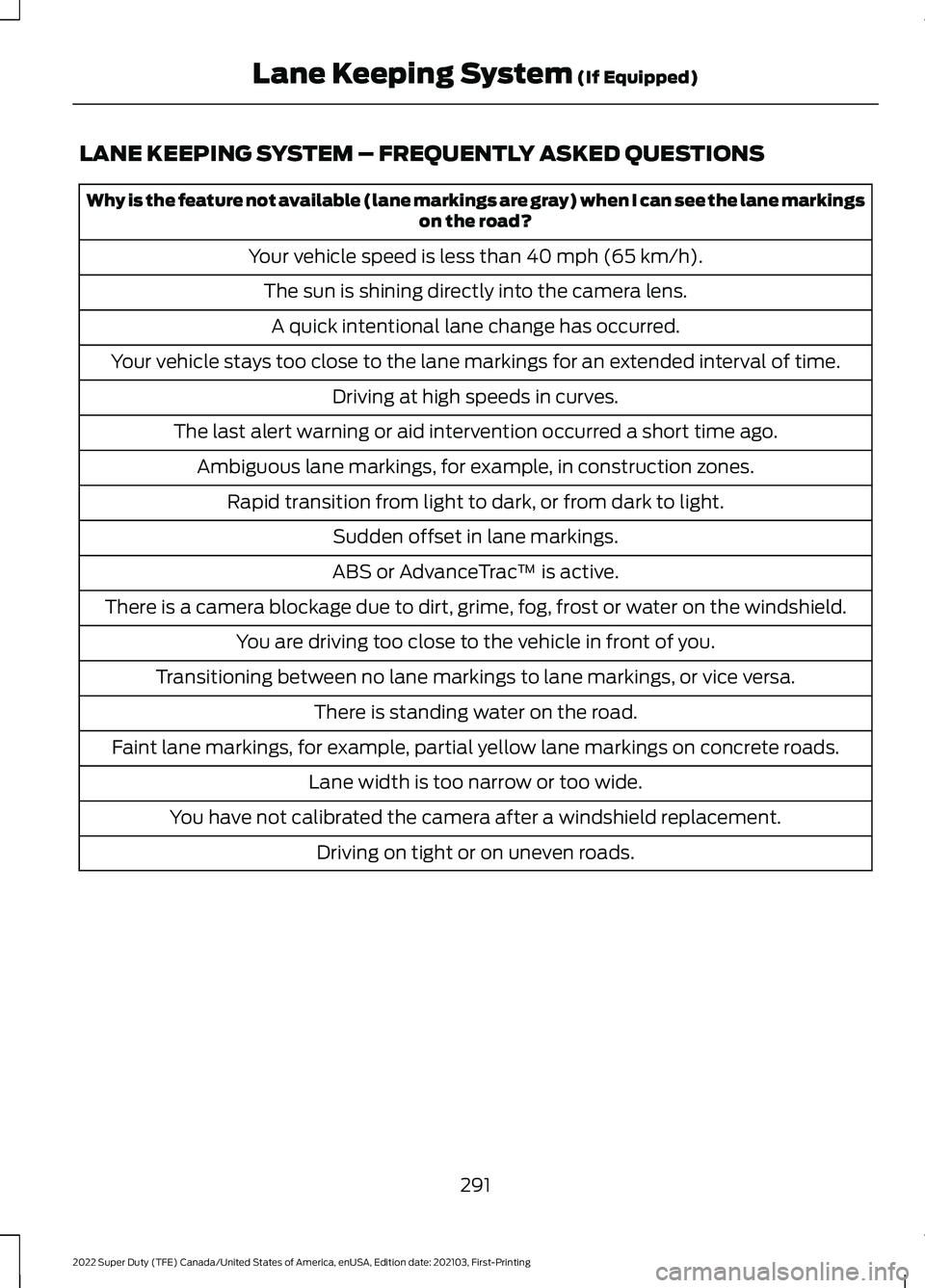 FORD F-350 2022  Owners Manual LANE KEEPING SYSTEM – FREQUENTLY ASKED QUESTIONS
Why is the feature not available (lane markings are gray) when I can see the lane markings
on the road?
Your vehicle speed is less than 40 mph (65 km