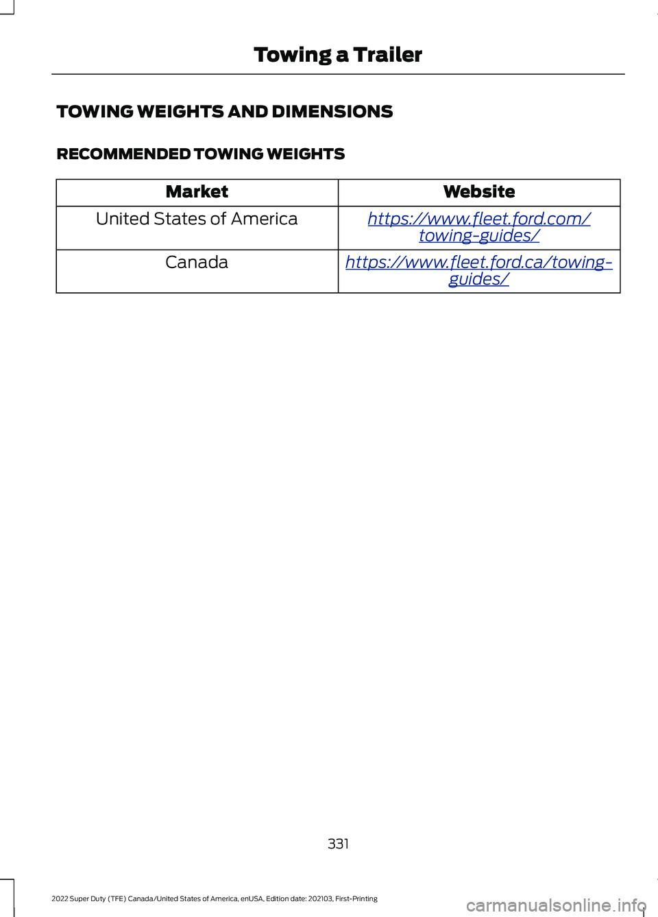 FORD F-350 2022  Owners Manual TOWING WEIGHTS AND DIMENSIONS
RECOMMENDED TOWING WEIGHTS
Website
Market
ht tp s:/ / www .fl e e t.f or d . c om/
t o wing-g uide s/United States of America
ht tp s:/ / www .fl e e t.f or d . c a/ t o 