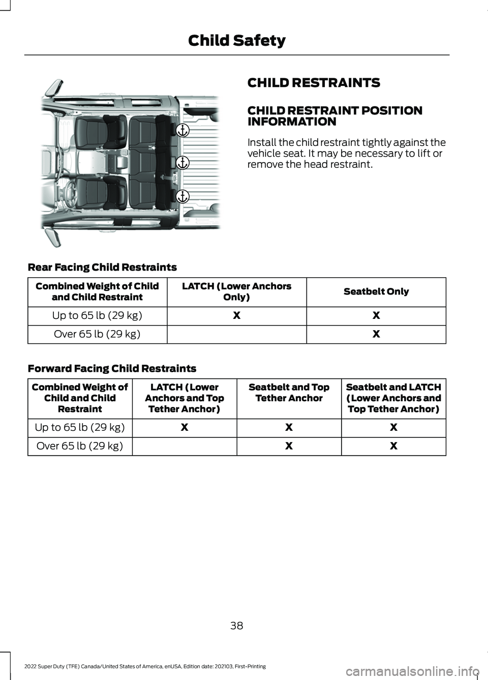 FORD F-350 2022  Owners Manual CHILD RESTRAINTS
CHILD RESTRAINT POSITION
INFORMATION
Install the child restraint tightly against the
vehicle seat. It may be necessary to lift or
remove the head restraint.
Rear Facing Child Restrain