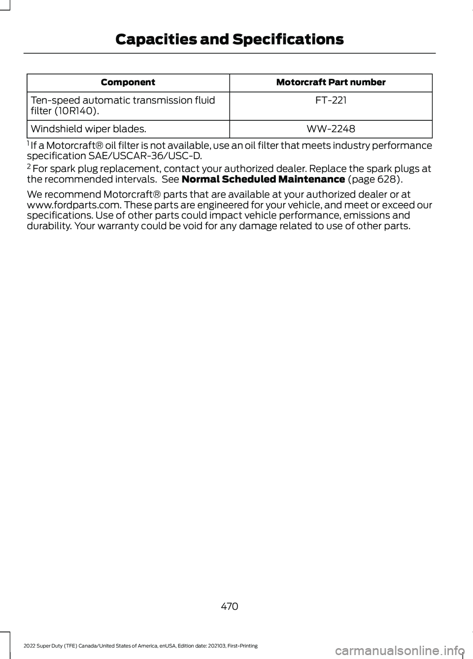 FORD F-350 2022  Owners Manual Motorcraft Part number
Component
FT-221
Ten-speed automatic transmission fluid
filter (10R140).
WW-2248
Windshield wiper blades.
1  If a Motorcraft® oil filter is not available, use an oil filter tha