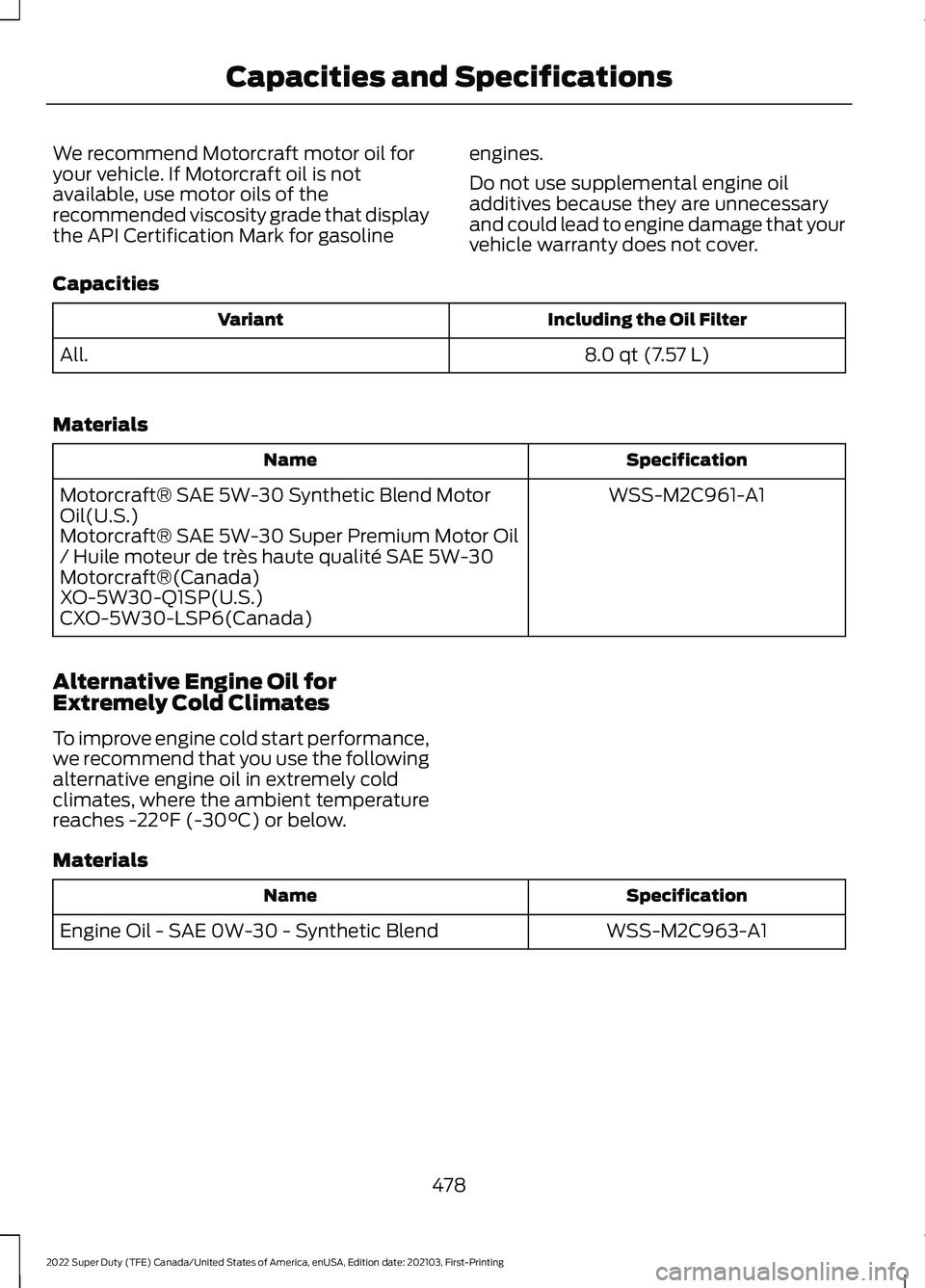 FORD F-350 2022  Owners Manual We recommend Motorcraft motor oil for
your vehicle. If Motorcraft oil is not
available, use motor oils of the
recommended viscosity grade that display
the API Certification Mark for gasoline
engines.
