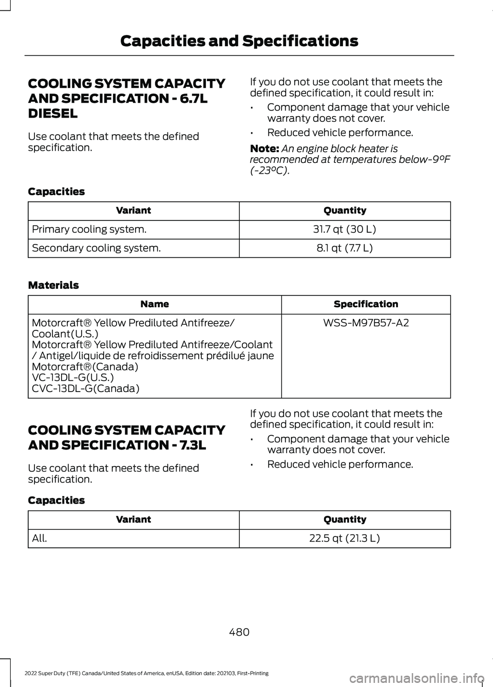 FORD F-350 2022  Owners Manual COOLING SYSTEM CAPACITY
AND SPECIFICATION - 6.7L
DIESEL
Use coolant that meets the defined
specification.
If you do not use coolant that meets the
defined specification, it could result in:
•
Compon