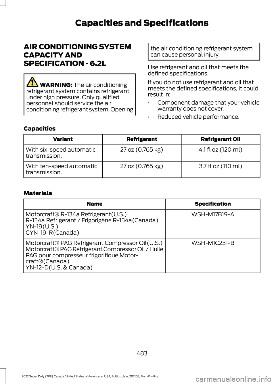 FORD F-350 2022  Owners Manual AIR CONDITIONING SYSTEM
CAPACITY AND
SPECIFICATION - 6.2L
WARNING: The air conditioning
refrigerant system contains refrigerant
under high pressure. Only qualified
personnel should service the air
con
