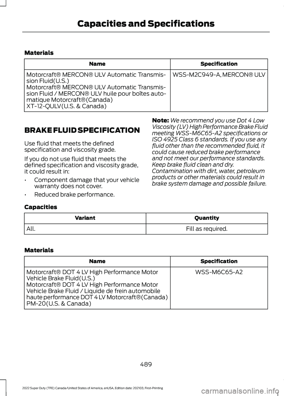 FORD F-350 2022  Owners Manual Materials
Specification
Name
WSS-M2C949-A, MERCON® ULV
Motorcraft® MERCON® ULV Automatic Transmis-
sion Fluid(U.S.)
Motorcraft® MERCON® ULV Automatic Transmis-
sion Fluid / MERCON® ULV huile pou