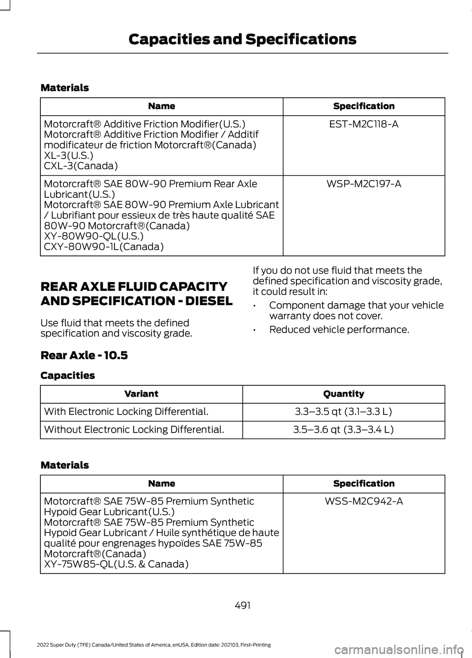 FORD F-350 2022  Owners Manual Materials
Specification
Name
EST-M2C118-A
Motorcraft® Additive Friction Modifier(U.S.)
Motorcraft® Additive Friction Modifier / Additif
modificateur de friction Motorcraft®(Canada)
XL-3(U.S.)
CXL-3