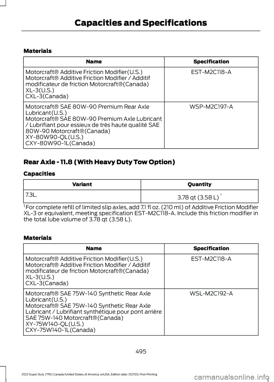 FORD F-350 2022  Owners Manual Materials
Specification
Name
EST-M2C118-A
Motorcraft® Additive Friction Modifier(U.S.)
Motorcraft® Additive Friction Modifier / Additif
modificateur de friction Motorcraft®(Canada)
XL-3(U.S.)
CXL-3