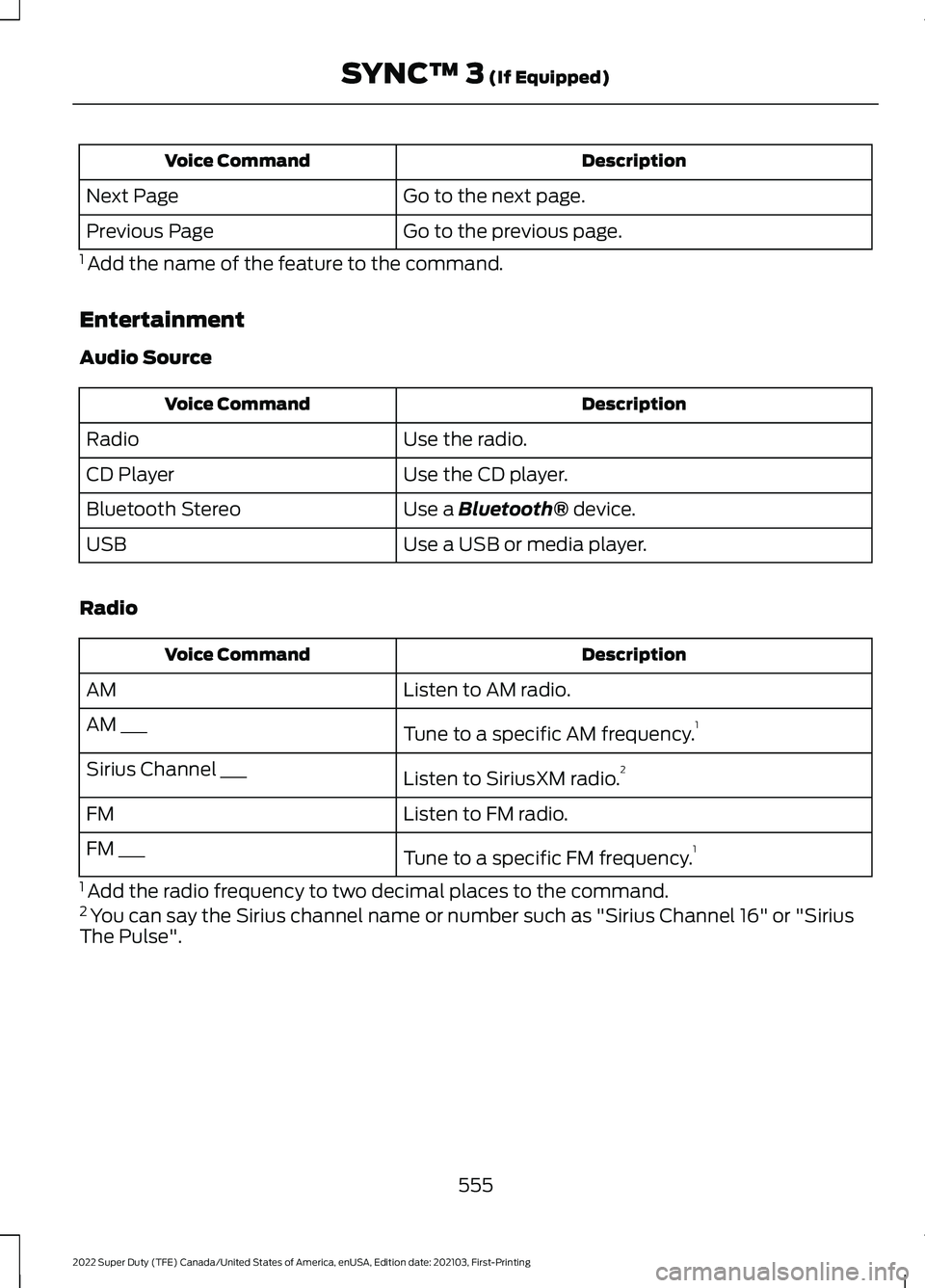 FORD F-350 2022  Owners Manual Description
Voice Command
Go to the next page.
Next Page
Go to the previous page.
Previous Page
1  Add the name of the feature to the command.
Entertainment
Audio Source Description
Voice Command
Use 