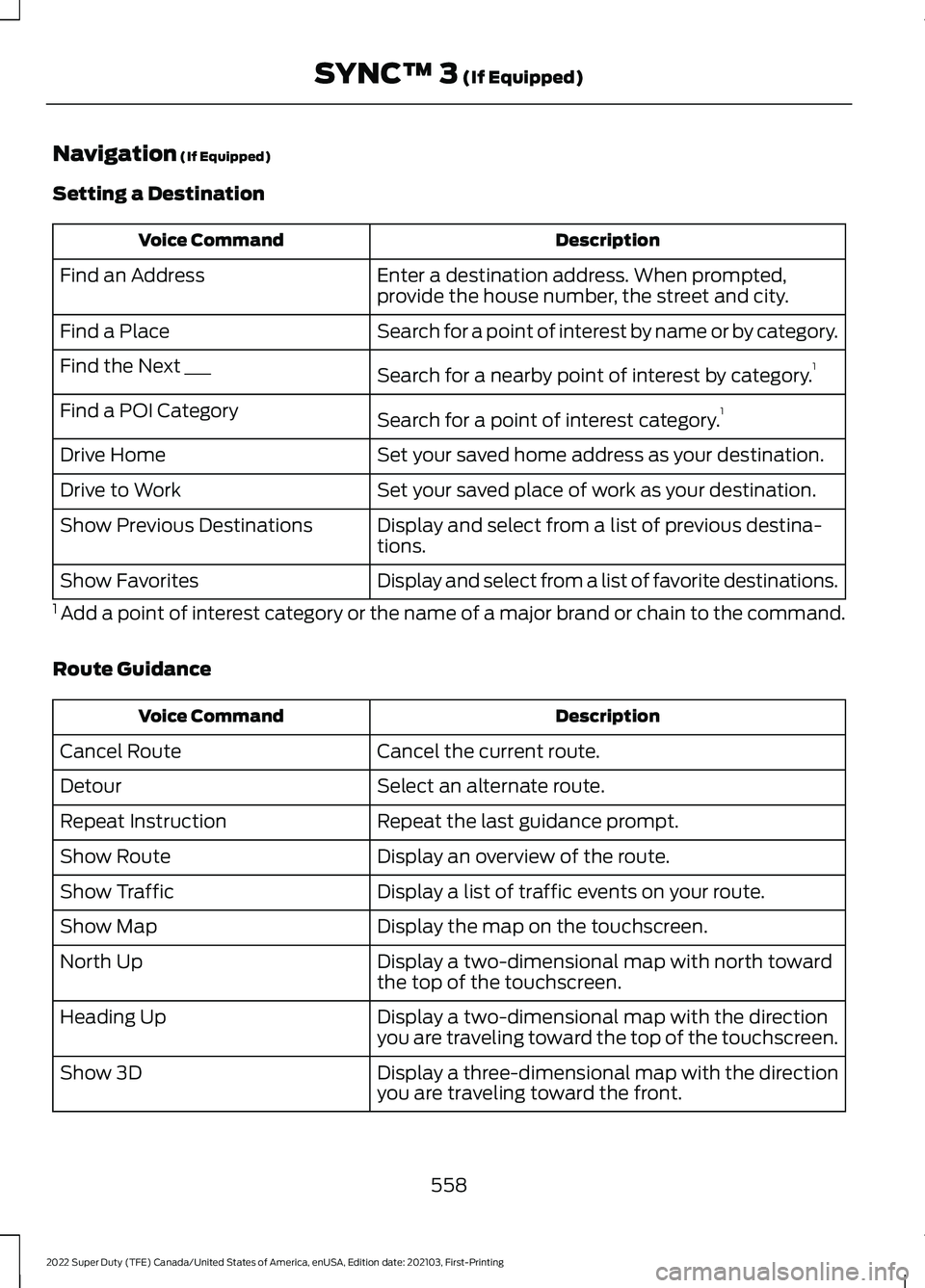 FORD F-350 2022  Owners Manual Navigation (If Equipped)
Setting a Destination Description
Voice Command
Enter a destination address. When prompted,
provide the house number, the street and city.
Find an Address
Search for a point o