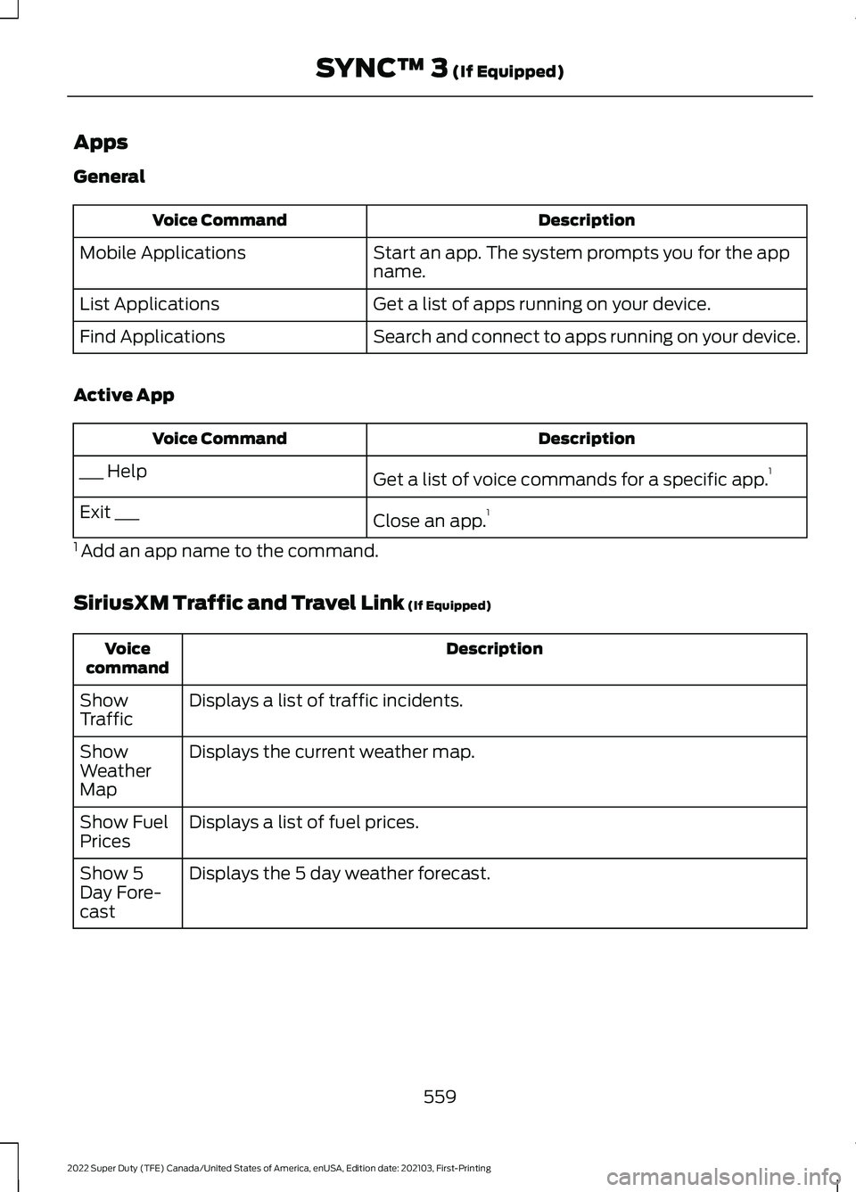 FORD F-350 2022  Owners Manual Apps
General
Description
Voice Command
Start an app. The system prompts you for the app
name.
Mobile Applications
Get a list of apps running on your device.
List Applications
Search and connect to app