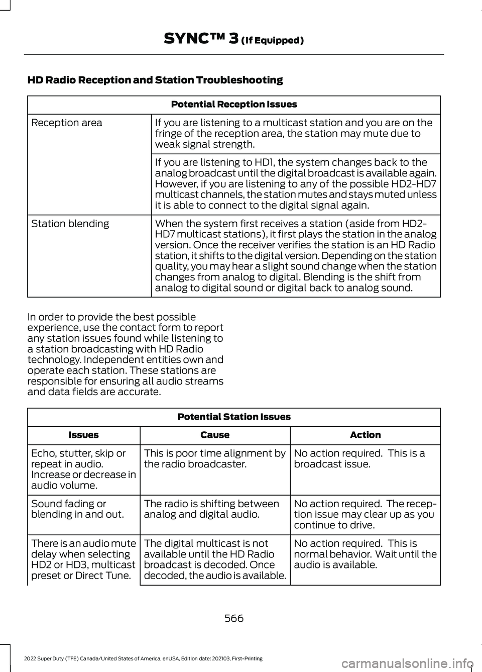 FORD F-350 2022  Owners Manual HD Radio Reception and Station Troubleshooting
Potential Reception Issues
If you are listening to a multicast station and you are on the
fringe of the reception area, the station may mute due to
weak 