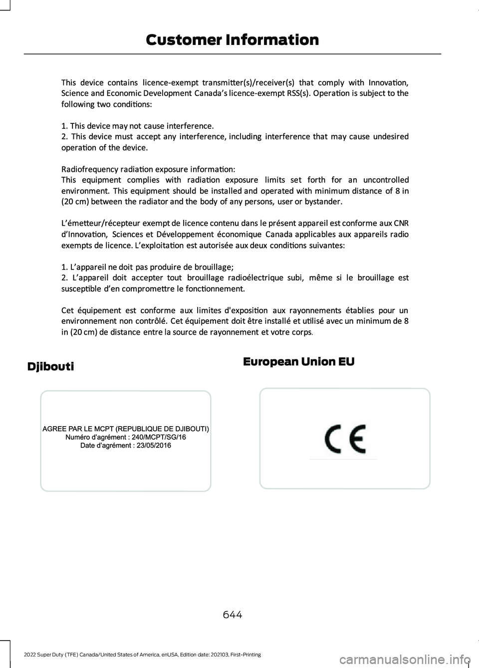 FORD F-350 2022  Owners Manual Djibouti European Union EU
644
2022 Super Duty (TFE) Canada/United States of America, enUSA, Edition date: 202103, First-Printing Customer InformationE351800  E340826  E310043   