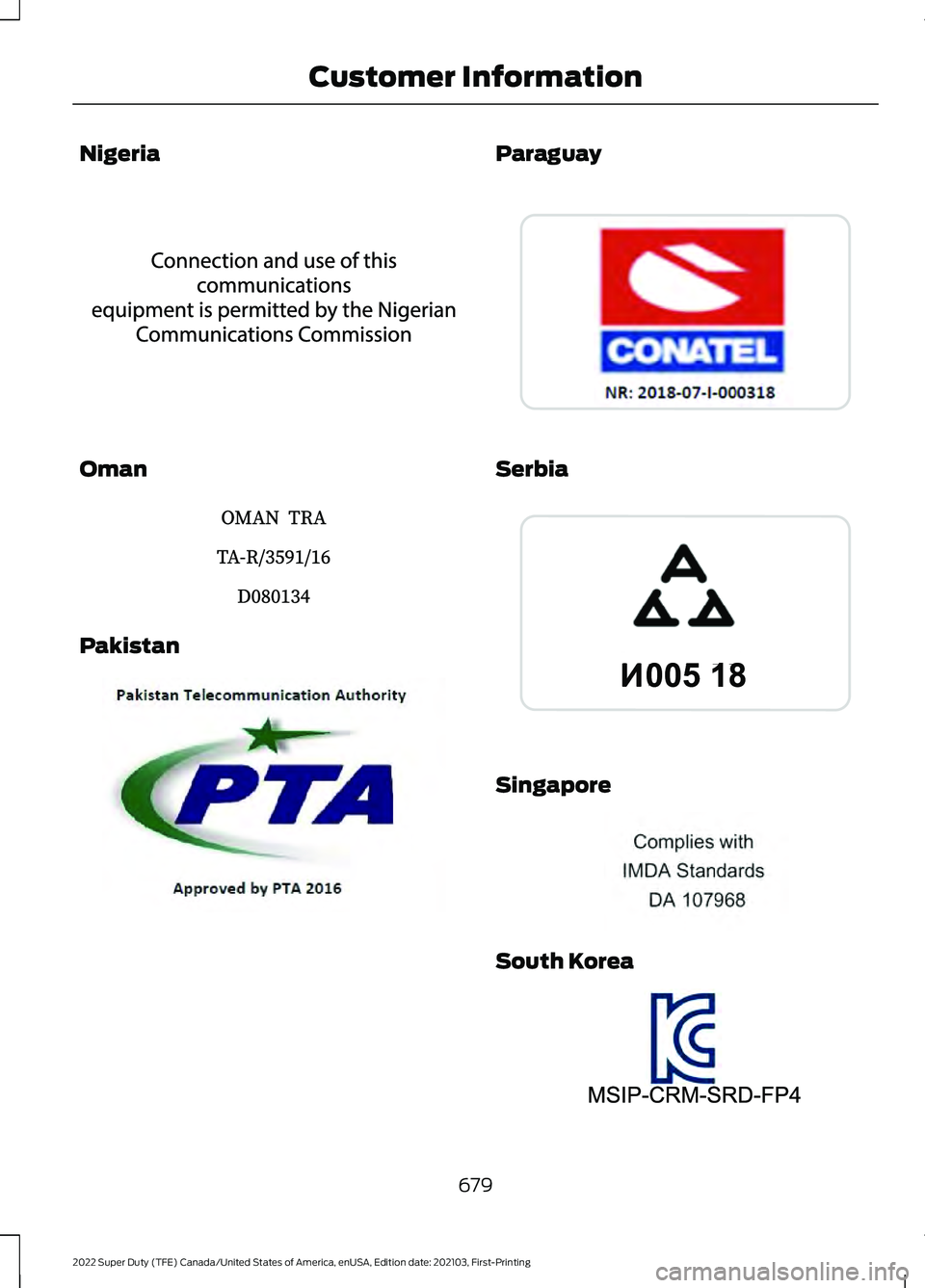 FORD F-350 2022  Owners Manual Nigeria
Oman
Pakistan Paraguay
Serbia
Singapore
South Korea
679
2022 Super Duty (TFE) Canada/United States of America, enUSA, Edition date: 202103, First-Printing Customer InformationE337972  E337973 