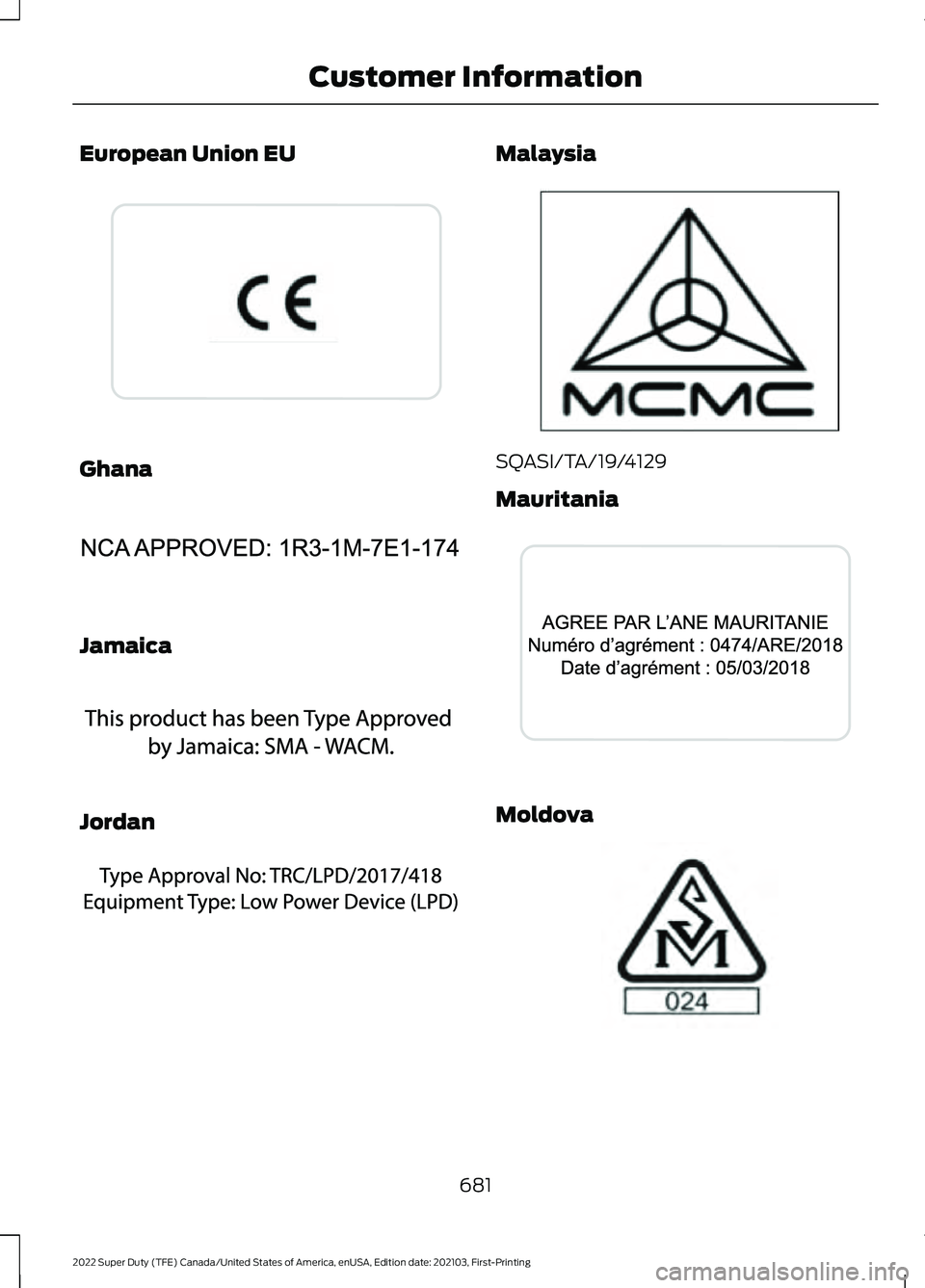 FORD F-350 2022  Owners Manual European Union EU
Ghana
Jamaica
Jordan Malaysia
SQASI/TA/19/4129
Mauritania
Moldova
681
2022 Super Duty (TFE) Canada/United States of America, enUSA, Edition date: 202103, First-Printing Customer Info