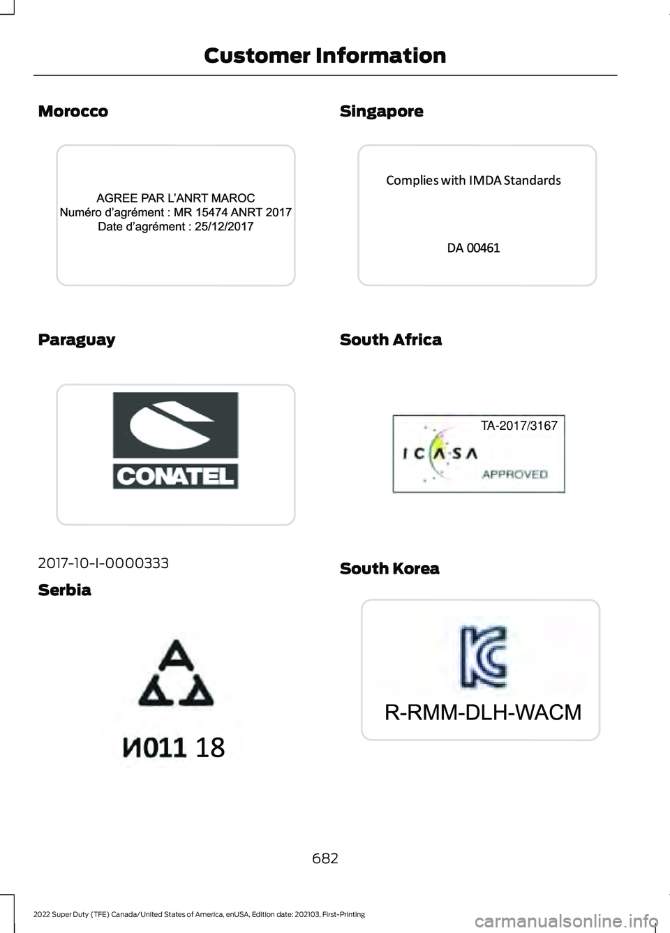 FORD F-350 2022  Owners Manual Morocco
Paraguay
2017-10-I-0000333
Serbia Singapore
South Africa
South Korea
682
2022 Super Duty (TFE) Canada/United States of America, enUSA, Edition date: 202103, First-Printing Customer Information