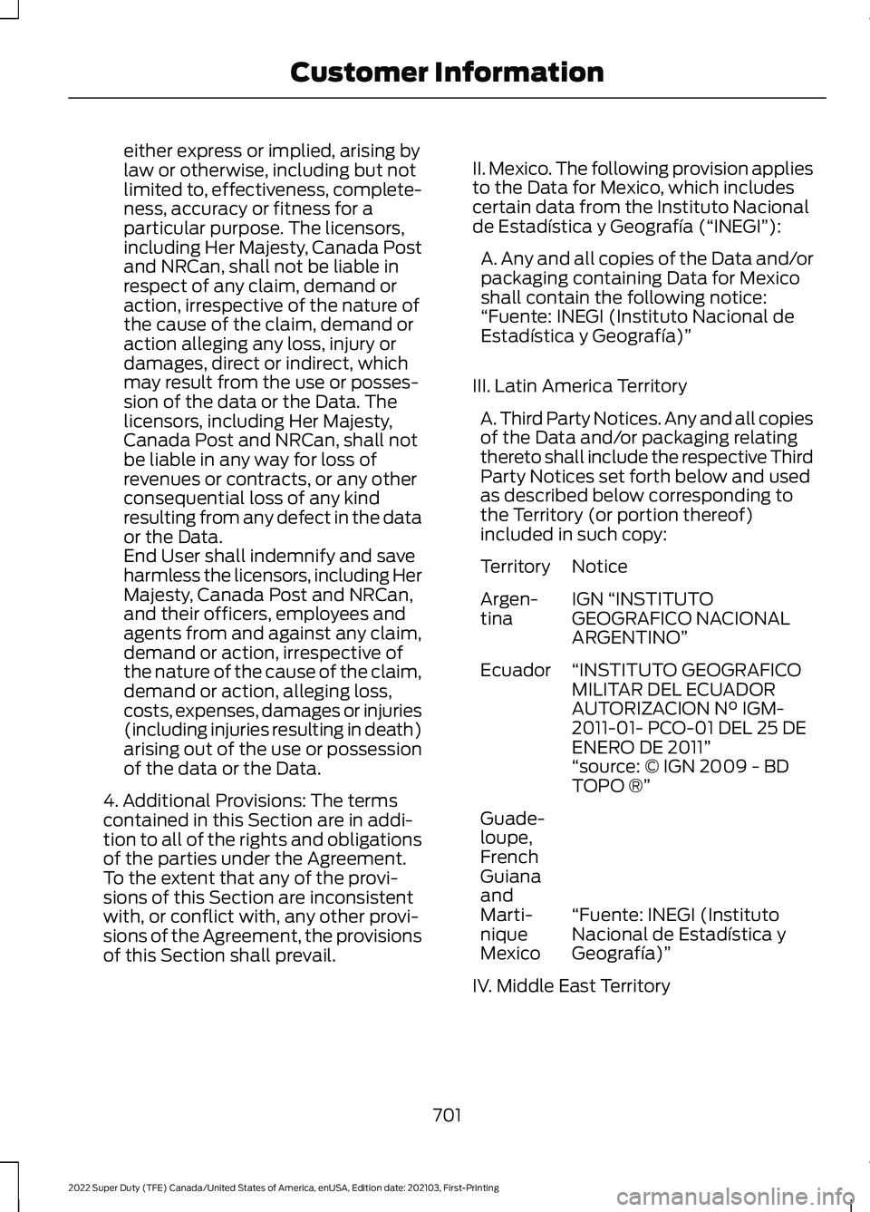 FORD F-350 2022  Owners Manual either express or implied, arising by
law or otherwise, including but not
limited to, effectiveness, complete-
ness, accuracy or fitness for a
particular purpose. The licensors,
including Her Majesty,