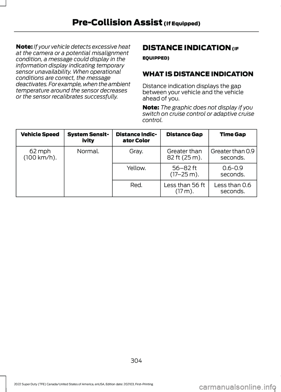 FORD F-550 2022  Owners Manual Note:
If your vehicle detects excessive heat
at the camera or a potential misalignment
condition, a message could display in the
information display indicating temporary
sensor unavailability. When op