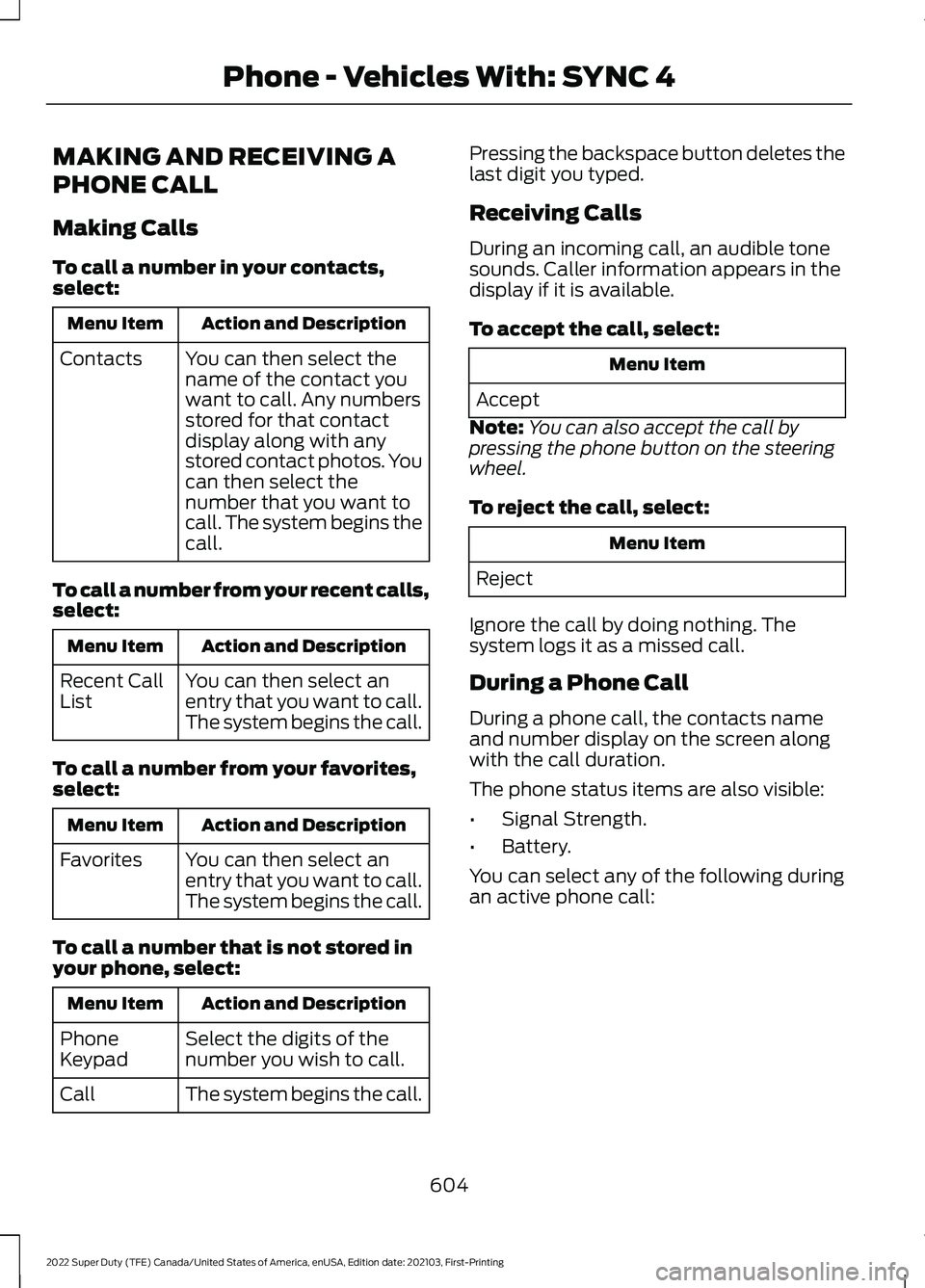 FORD F-550 2022 Owners Manual MAKING AND RECEIVING A
PHONE CALL
Making Calls
To call a number in your contacts,
select:
Action and Description
Menu Item
You can then select the
name of the contact you
want to call. Any numbers
sto FORD F-550 2022 Owners Manual MAKING AND RECEIVING A
PHONE CALL
Making Calls
To call a number in your contacts,
select:
Action and Description
Menu Item
You can then select the
name of the contact you
want to call. Any numbers
sto