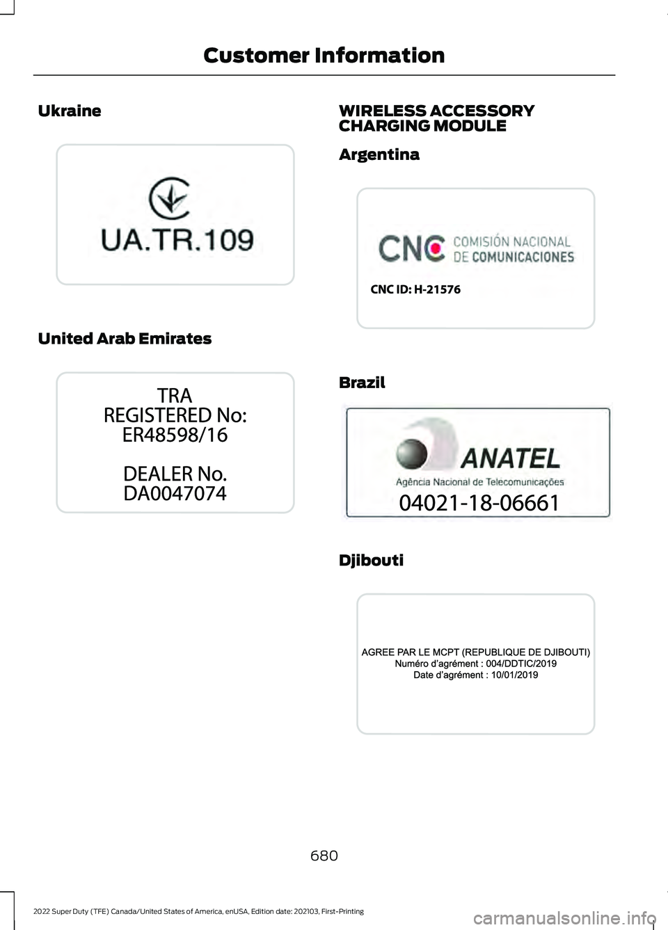 FORD F-600 2022  Owners Manual Ukraine
United Arab Emirates WIRELESS ACCESSORY
CHARGING MODULE
Argentina
Brazil
Djibouti
680
2022 Super Duty (TFE) Canada/United States of America, enUSA, Edition date: 202103, First-Printing Custome