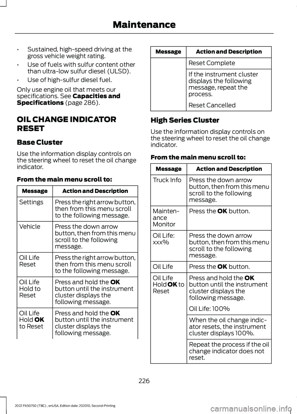 FORD F-650/750 2022 Owners Manual •
Sustained, high-speed driving at the
gross vehicle weight rating.
• Use of fuels with sulfur content other
than ultra-low sulfur diesel (ULSD).
• Use of high-sulfur diesel fuel.
Only use engin FORD F-650/750 2022 Owners Manual •
Sustained, high-speed driving at the
gross vehicle weight rating.
• Use of fuels with sulfur content other
than ultra-low sulfur diesel (ULSD).
• Use of high-sulfur diesel fuel.
Only use engin