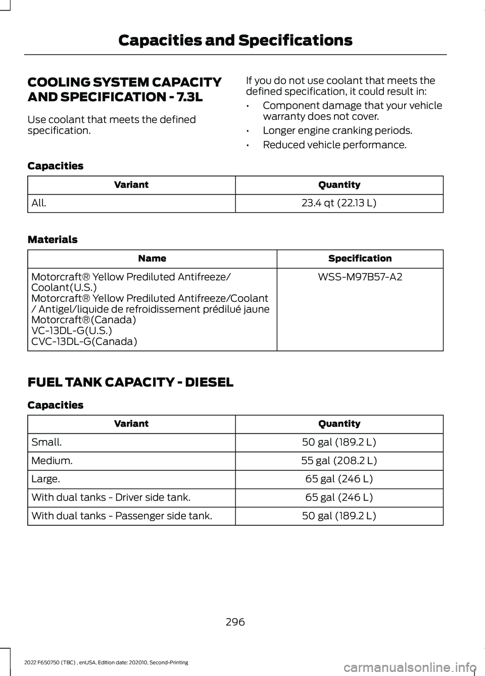 FORD F-650/750 2022  Owners Manual COOLING SYSTEM CAPACITY
AND SPECIFICATION - 7.3L
Use coolant that meets the defined
specification.
If you do not use coolant that meets the
defined specification, it could result in:
•
Component dam