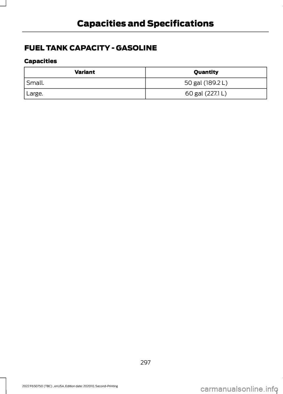FORD F-650/750 2022  Owners Manual FUEL TANK CAPACITY - GASOLINE
Capacities
Quantity
Variant
50 gal (189.2 L)
Small.
60 gal (227.1 L)
Large.
297
2022 F650750 (TBC) , enUSA, Edition date: 202010, Second-Printing Capacities and Specifica