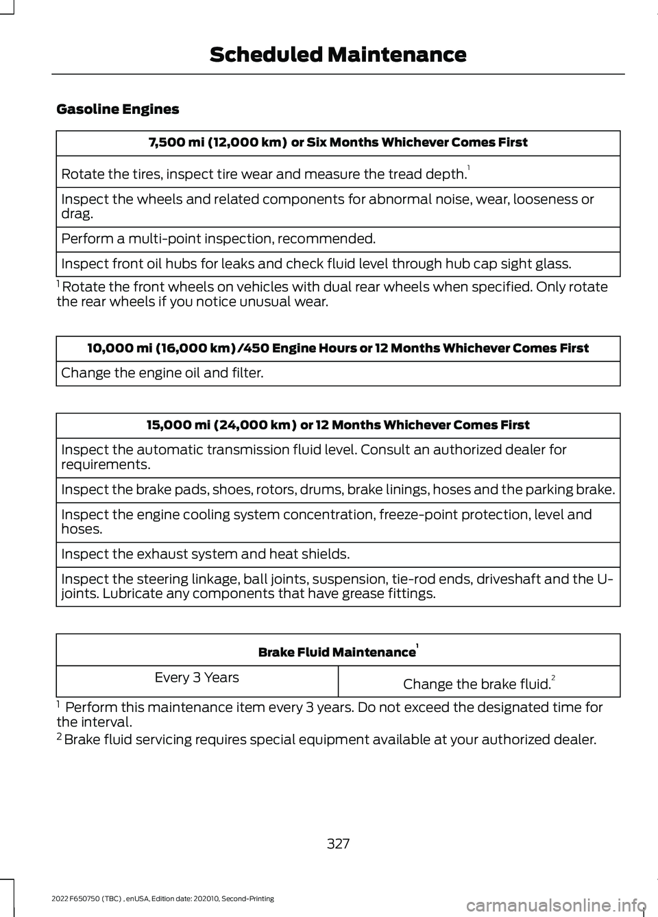 FORD F-650/750 2022  Owners Manual Gasoline Engines
7,500 mi (12,000 km)  or Six Months Whichever Comes First
Rotate the tires, inspect tire wear and measure the tread depth. 1
Inspect the wheels and related components for abnormal noi