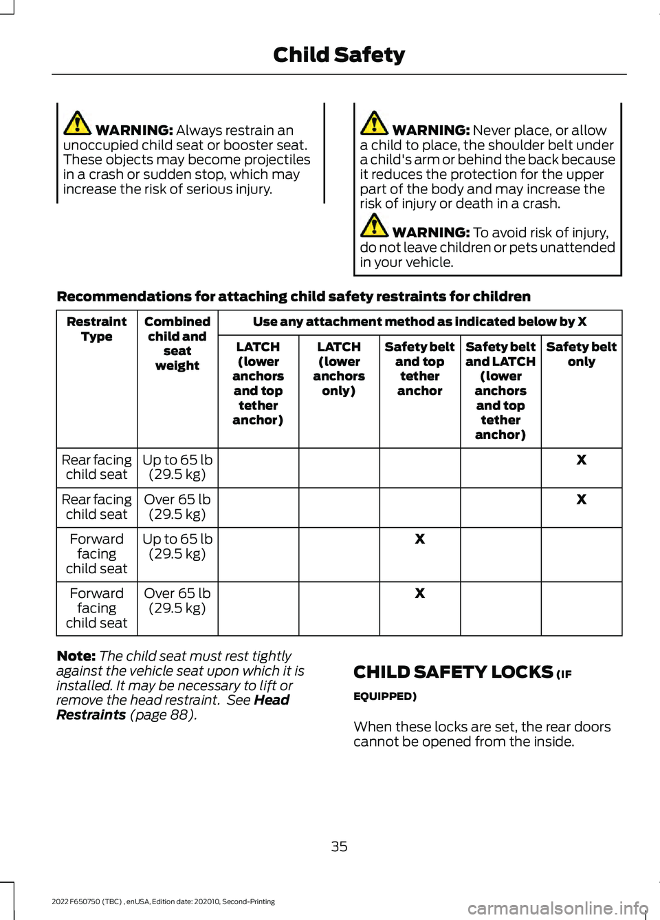 FORD F-650/750 2022  Owners Manual WARNING: Always restrain an
unoccupied child seat or booster seat.
These objects may become projectiles
in a crash or sudden stop, which may
increase the risk of serious injury. WARNING: Never place, 
