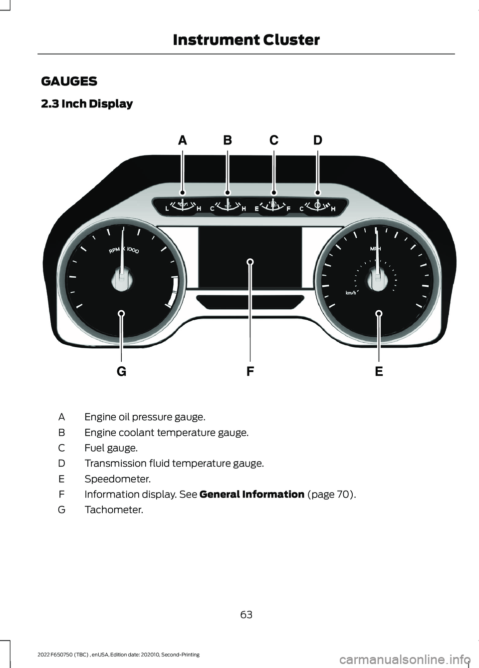 FORD F-650/750 2022  Owners Manual GAUGES
2.3 Inch Display
Engine oil pressure gauge.
A
Engine coolant temperature gauge.
B
Fuel gauge.
C
Transmission fluid temperature gauge.
D
Speedometer.
E
Information display. See General Informati